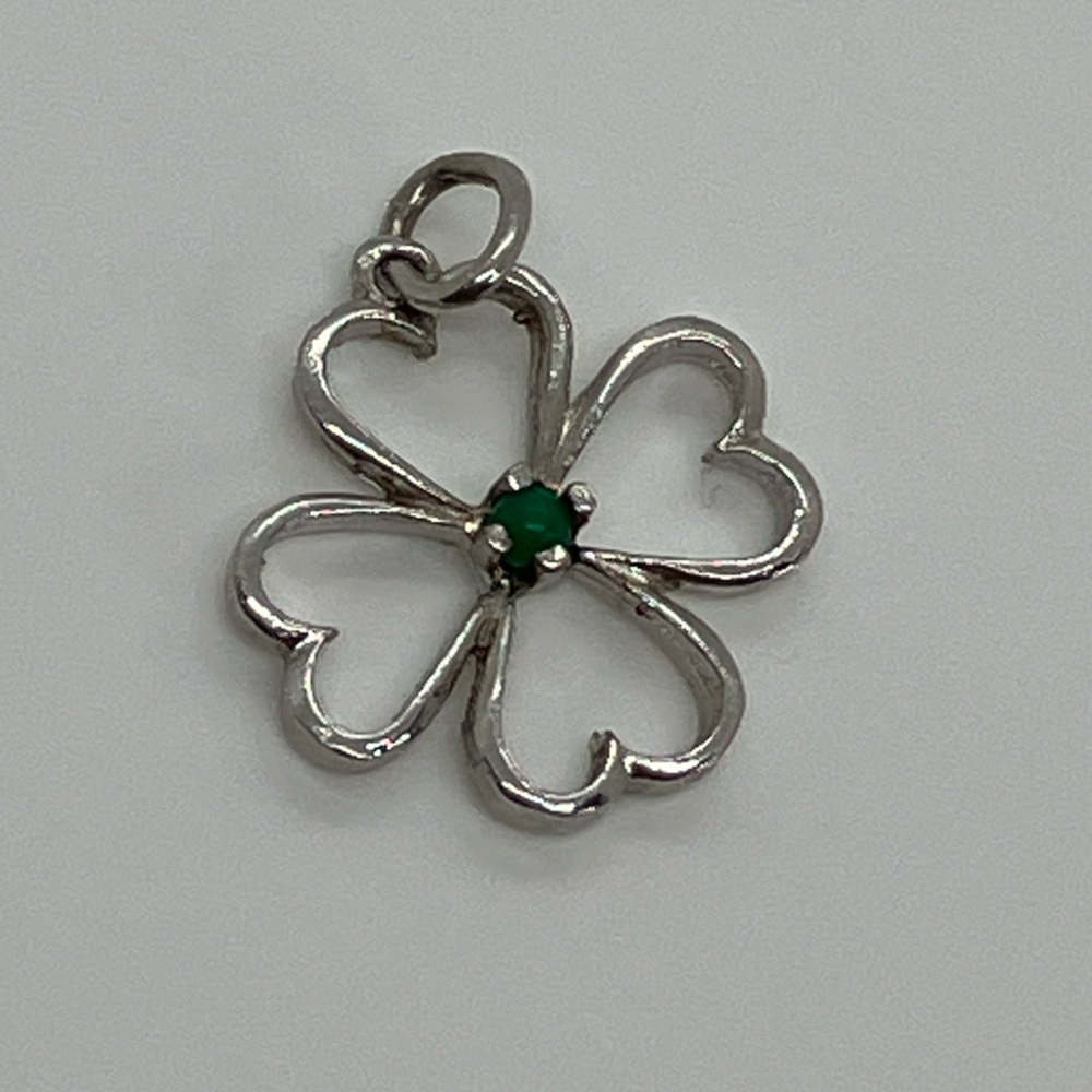 Vtg 925 Sterling Silver & Green Cz Lucky 4 Leaf Leafed Clover Charm / Pendant
